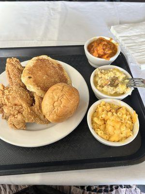 Fried chicken, Mac and cheese, dressing, yams, hot water cornbread and roll with honey baked on top