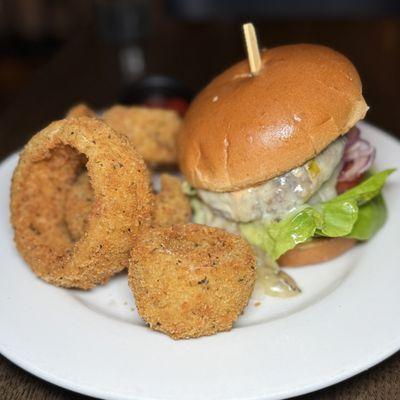 Tavern Burger, with rings instead of fries for an extra $3
