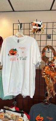 Our fall t-shirts, utility aprons and fall decorations