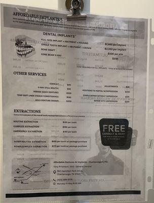 Price list for services displayed in treatment room.