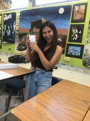 Happy customer with the famous chicken flavored fork!