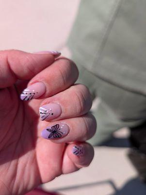 My butterfly nails that I got done. Dip pink powder with gel design.