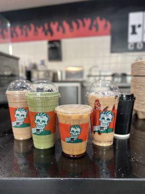 (Left to right): The Bride, Frankenstein, Sea Salt Caramel Cold Brew, Santa Slayer, and Hot Matcha