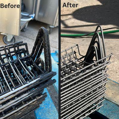 Chicken frying baskets from a restaurant, before and after sandblasting.
