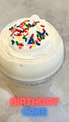 20oz. Birthday Cake: Vanilla Protein served w/ sprinkles | 200 cal. 18g carbs. 5g sugar, 24g of plant based protein