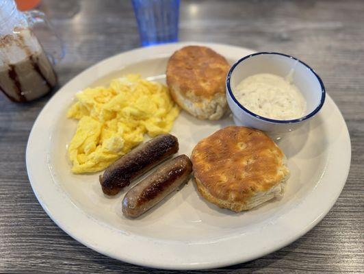 B.Y.O.B (Build your own breakfast). Scrambled egg, two sausage links, two biscuits and sausage gravy.