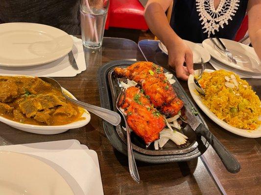 Goat curry, tandoori chicken, biryani