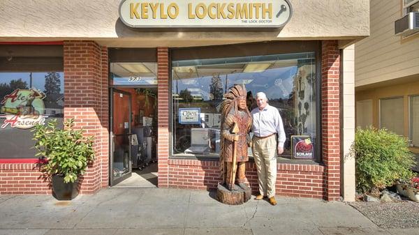 Keylo locks on Laurel Street. Look for the tall Wooden Indian.