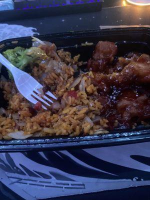 Seasame Chicken Pork Fried Rice with Brocolii