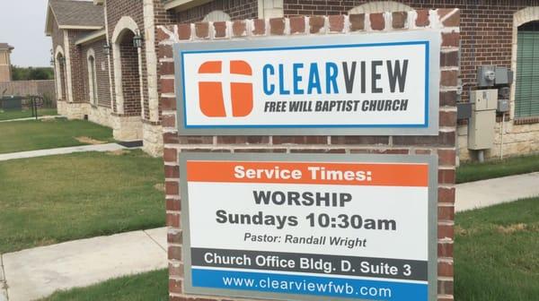 Clearview service times as posted on building signage.