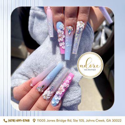 Ombre perfection with a blend of blue and pink, topped off with a little blossom for the cutest, unique look!