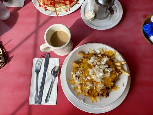 Chili cheese fries and coffee