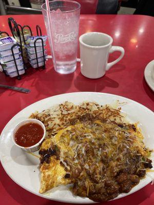 Chili Cheese omelet with biscuits and gravy!  Yummy!