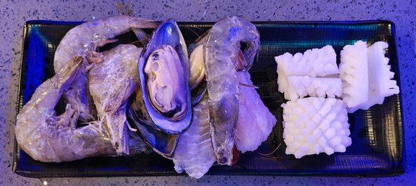 Left to right... Jumbo Shrimp, Mussels, Swai Fish, Squid