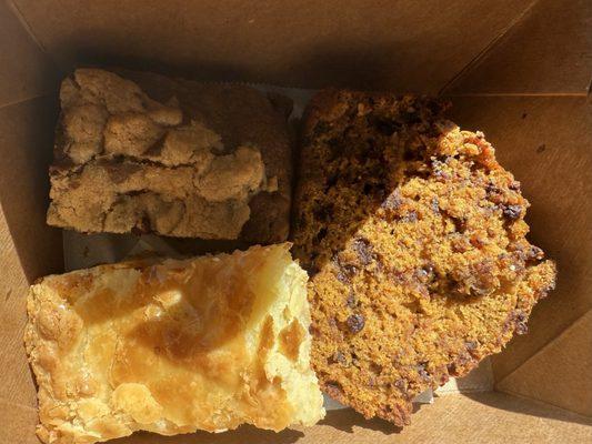 Banana chocolate chip loaf, chocolate fudge brownie, almond oogey gooey