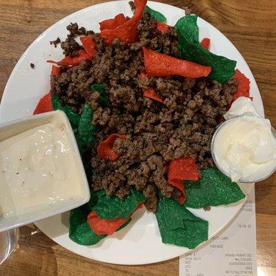 The was what the nachos actually looked like. When we asked for salsa they gave us a bowl of taco sauce.