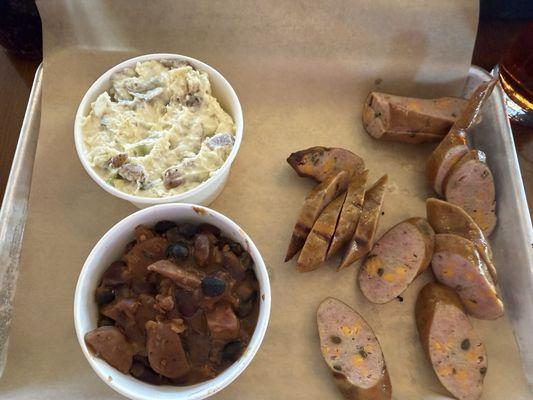 Smoked Sausage with potato salad and beans