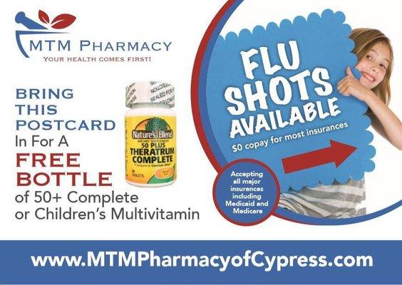 Flu shot is $0 copay for most insurance! Cash price is only $20. Ask us how to get free multivitamin Monthly!