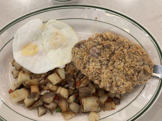 County Fried Steak with over medium eggs & potatoes (forgot to take a photo of the marble rye toast ).