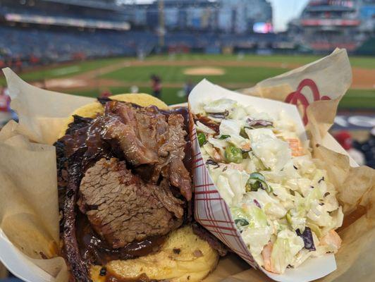 Rocklands excellent juicy brisket sandwich with great cole slaw on the side (included). Smother it w/ their bbq sauce and grab a fork.