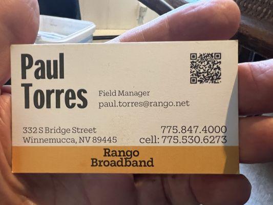 Calling card of Paul Torres my super tech!!