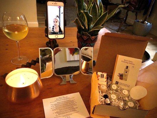 Stay at Home Glow kit and a glass of wine