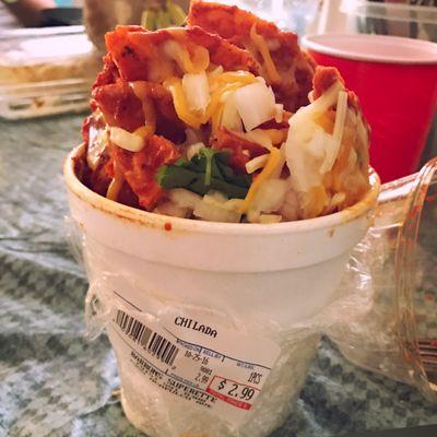 Chilequiles in a cup layered over rice& beans all for $2.99 I see someone in Austin taking this idea to the next level hint hint.