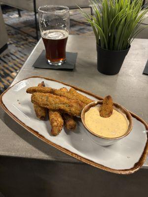 Fried pickles, amber draft beer