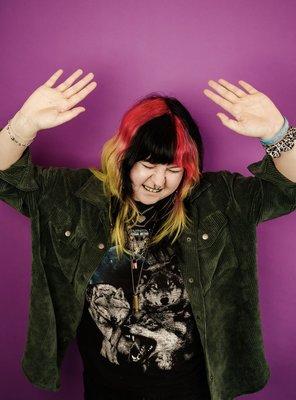 Pink yellow green and black checkerboard split dye