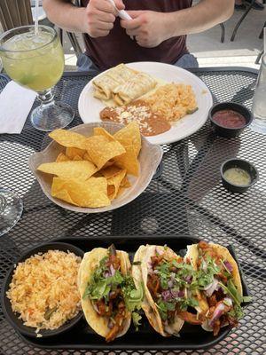 The El Pastor Tacos and Chimichanga Supreme with rice