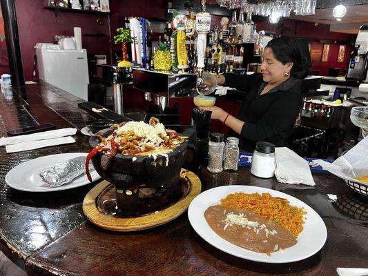 Chicken Molcajete, frozen margarita
