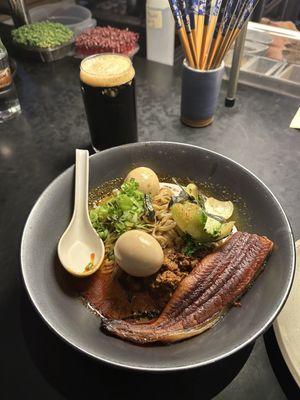 Dantanmen Ramen with unagi(bbq eel) and yaya dark nova coconut milk stout.