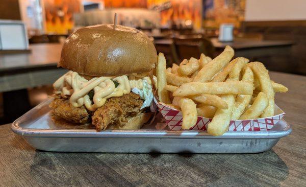 Flamin Hot Chicken Sandwich and fries