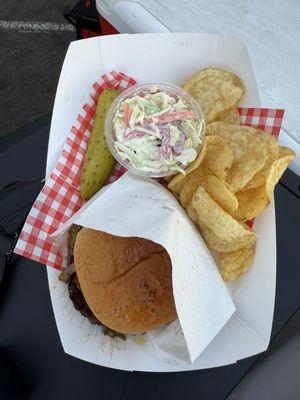 The Dirty Deal - 1 Dirty Double, potato chips, coleslaw, and a spicy pickle. $15