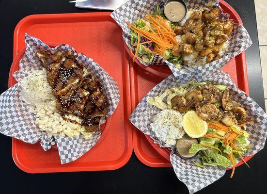 Chicken katsu, Salmon bites, and garlic shrimp - 10/10 for each one!