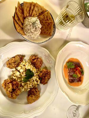 Shrimp dip, tuna crudo & hot fried oysters.