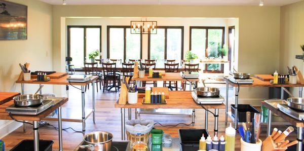 Our work stations feature top of the line cookware for our guests. Look out into beautiful Hopewell, to enjoy the prepared meal as a group.