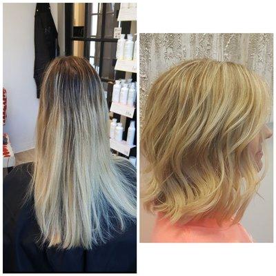 Before and after transformation! We did a full highlight/lowlights, base color and a new haircut.