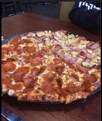 Hawaiian and pepperoni pizza