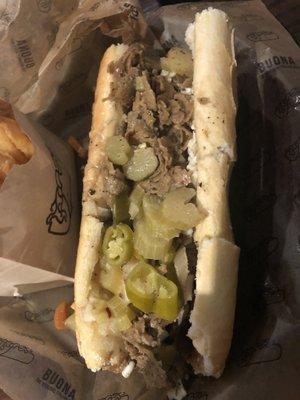 Vegan Beef with vegan cheese and hot peppers