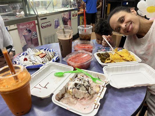 Banana Nutella crepes. Half a banana split, nachos, and watermelon slices.