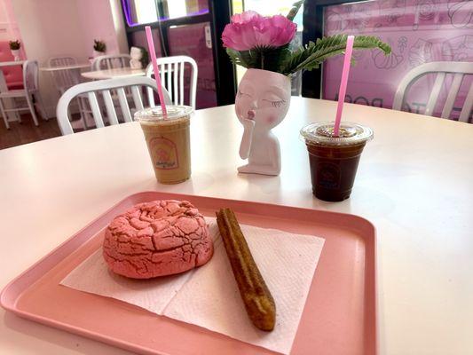 Latte, Americano, concha, and churro