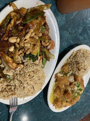Szechuan chicken and almond chicken with fried rice. Soooo good!