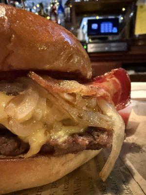 TWO PATTIE SMASH BURGER $15 fresh shredded onions, american cheese (I added bacon)