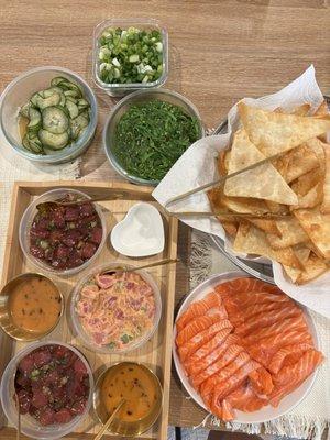 Three types of poke and salmon sashimi