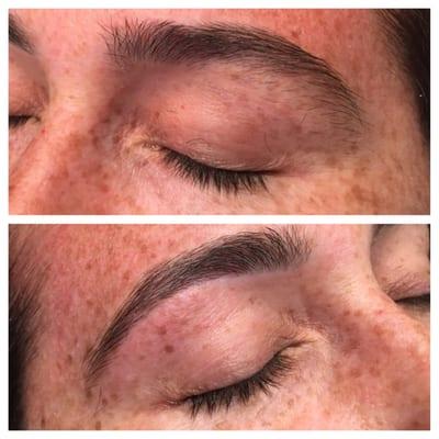 Before and after pictures of eyebrows being threaded