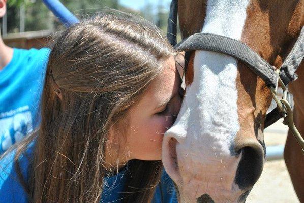 Teen campers at Rancho St Francis learning about equine therapy and tending to the horses.