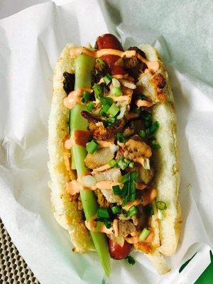 Pork belly dog grilled aged kimchi, cucumber kimchi, pork belly ,Mayo sriracha sauce