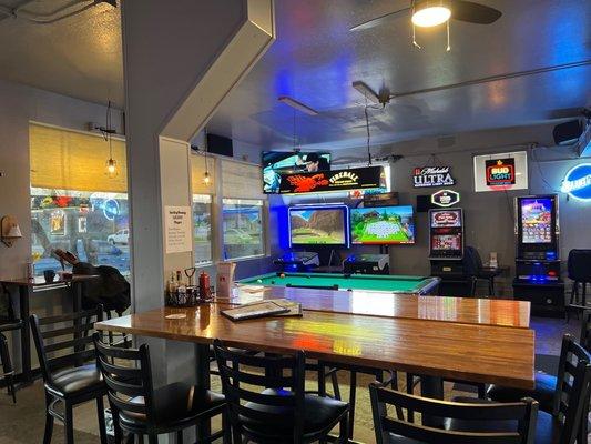 Pool table, arcade, and lottery.