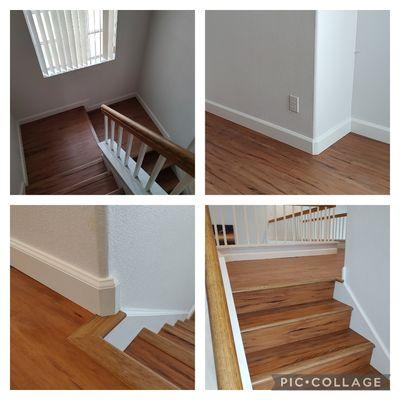 Laminate flooring (vinyl) on stairs, baseboard installation.